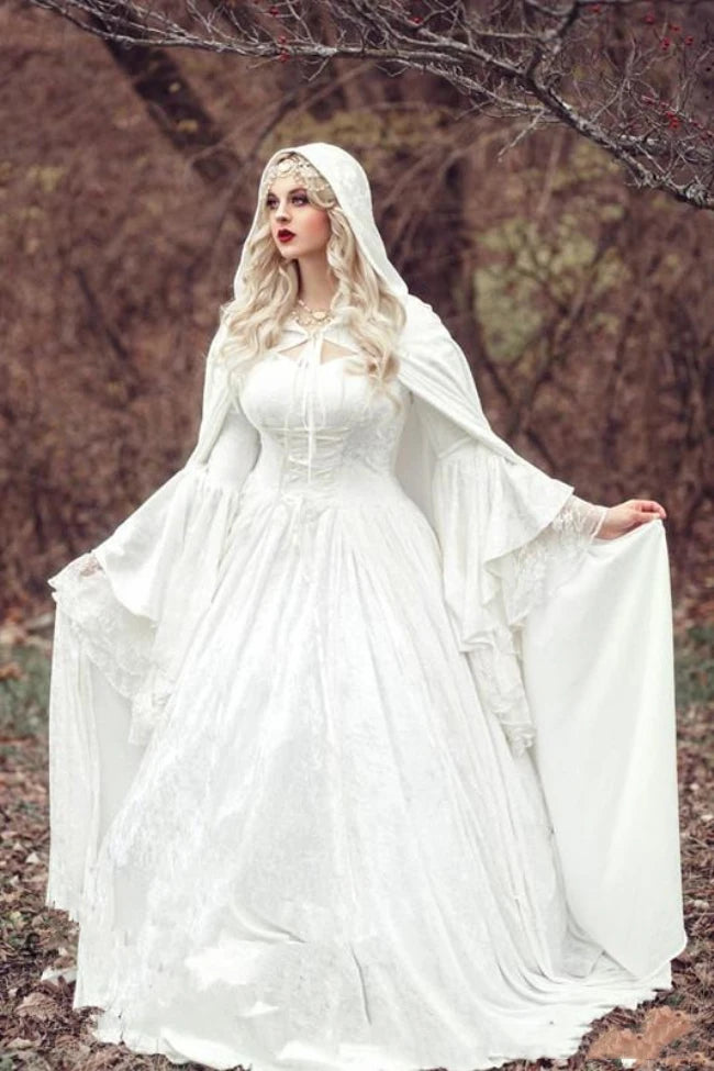 Vintage Gothic White Lace Ball Gown Wedding Dresses With Cloak Plus Size Flare Long Sleeve Celtic Medieval Princess Bridal Dress