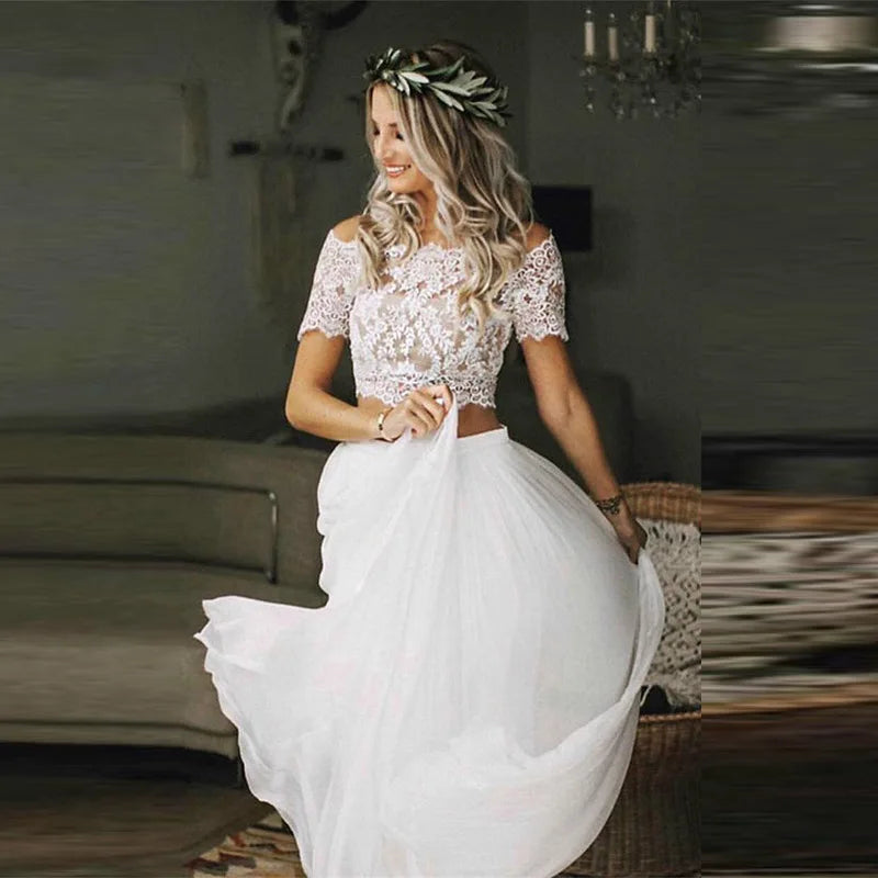 Charming On Sale Boho Wedding Gowns Lace Two Pieces Top Bateau Neckline Beach Bride Dresses 2024 Bridal Gowns Short Sleeves