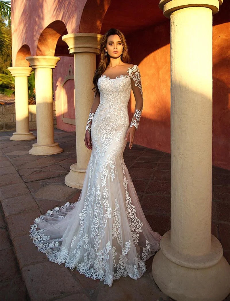 Sexy Lace Mermaid Vestidos de novia mangas largas blancas tul tul check cordones de lujo aplicados con vestidos de novia de tren Nuevo