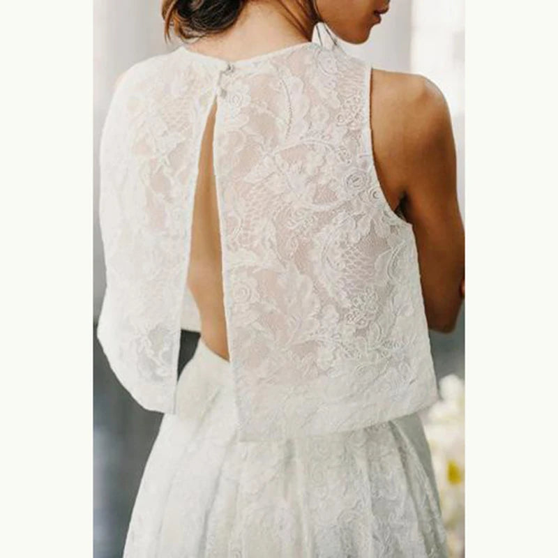 New Unique Sexy Two Pieces Lace Bridal Wedding Dresses Jewel Neck Sleeveless A Line Wedding Gowns for Bride Floor Length