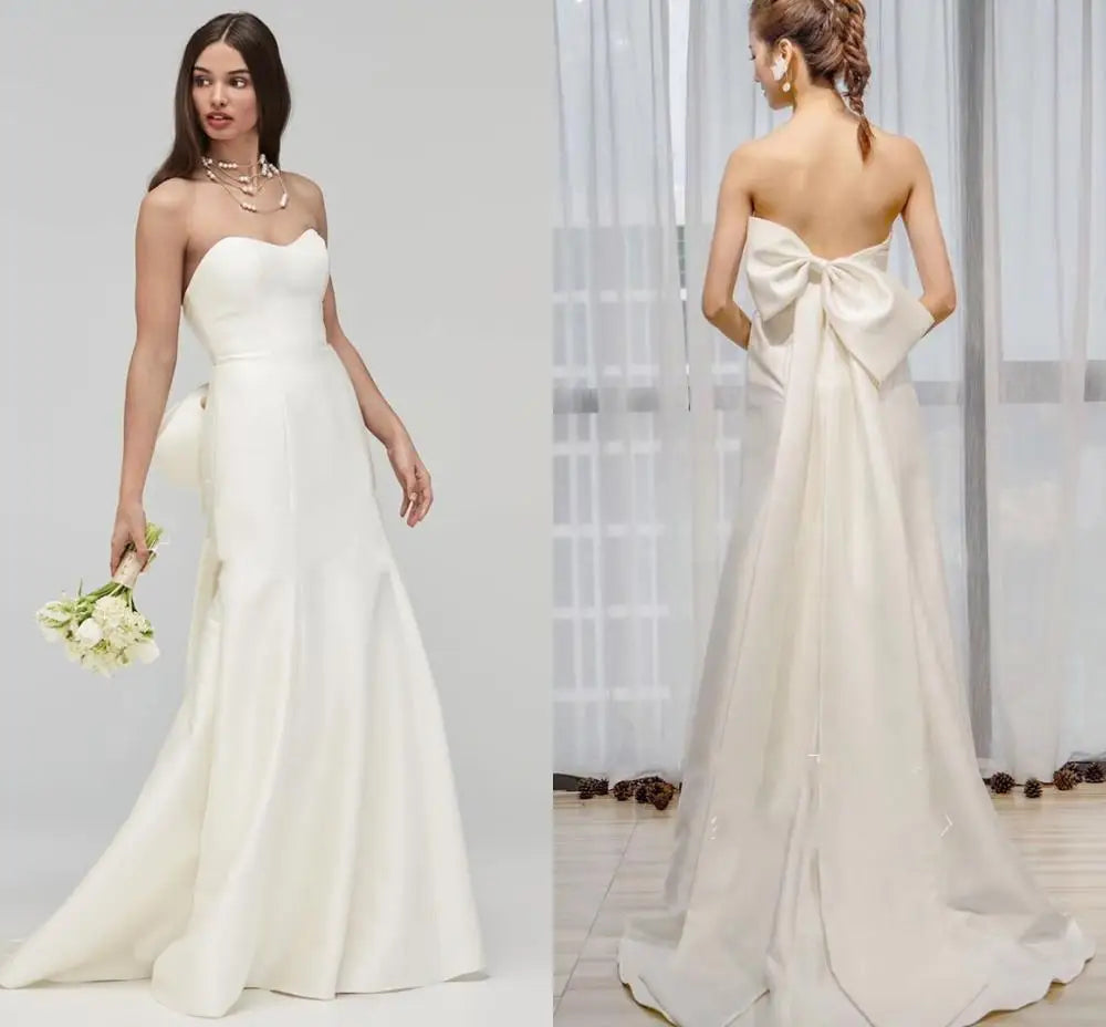 Strapless Elegant Satin Mermaid Wedding Dress Vestido De Noiva Trouwjurk Trumpet Bride Dress Wedding Gowns with Big Bow