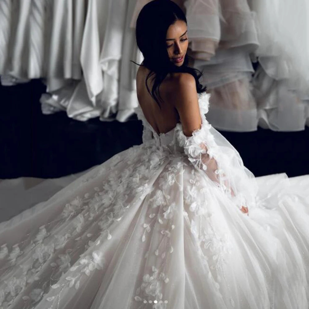 UZN Elegant Ball Gown Lace Appliques Modern Wedding Dresses Sweetheart Off Shoulder Puffy Sleeves Brial Gown Bestidos De Novia