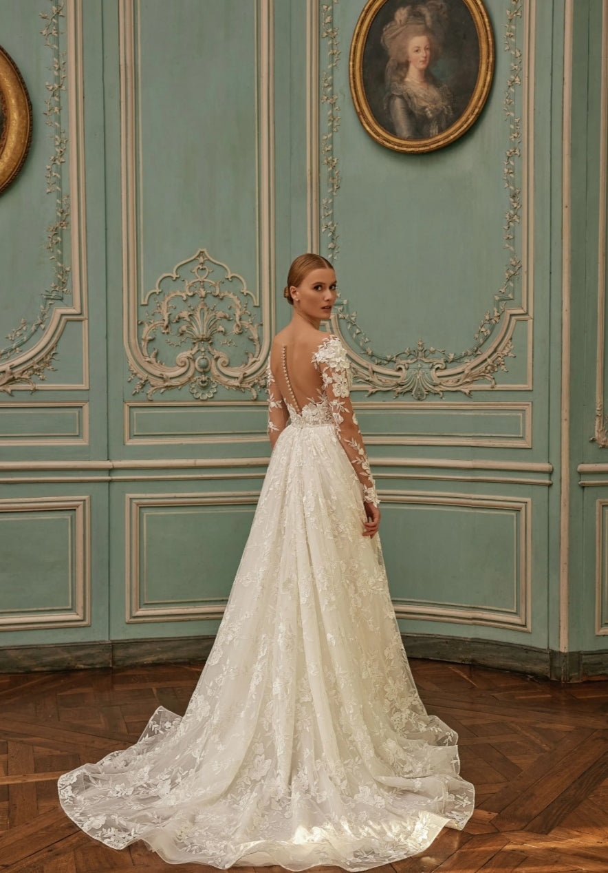 Robe nuptiale à col o à la mode pour femmes appliques en dentelle à manches longues