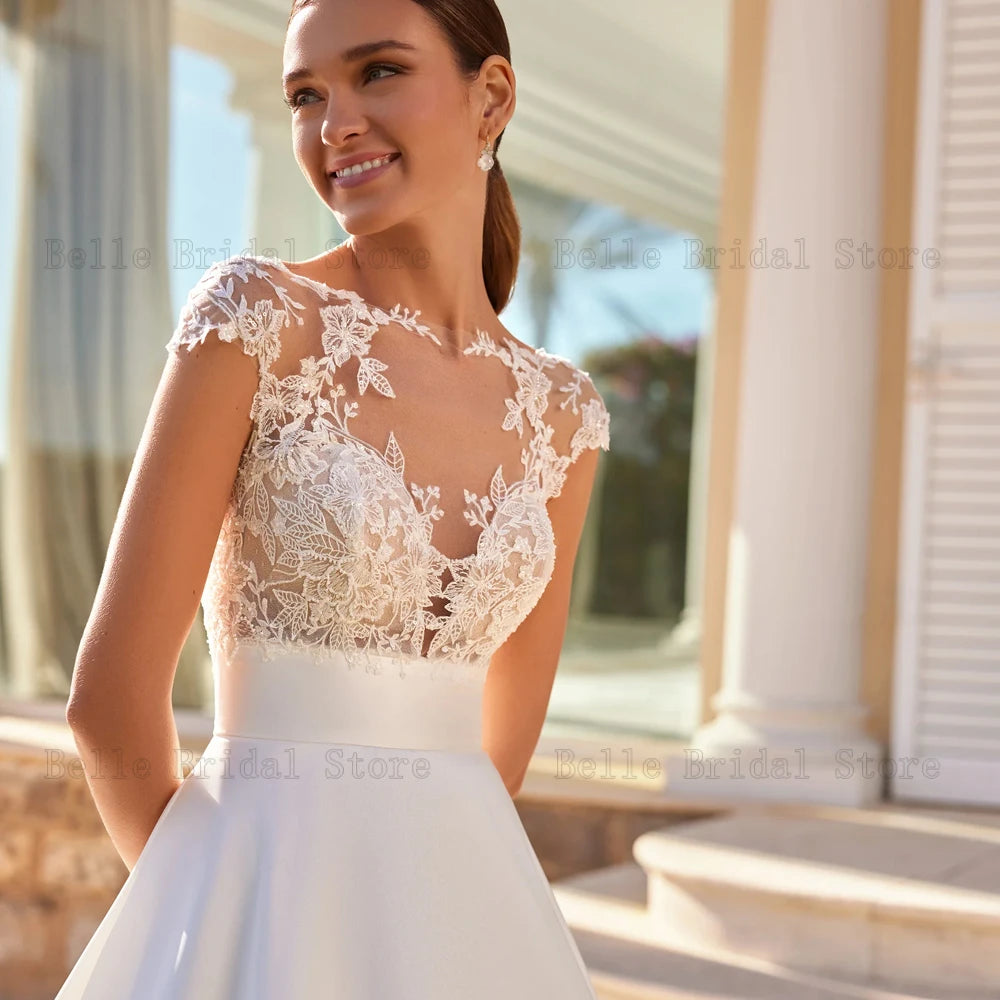 Elegant Wedding Dresses Jewel Neck Cap Sleeves Bridal Gowns Appliques Illusion Sweep Train A-Line Satin Vestidos De Novia 2024