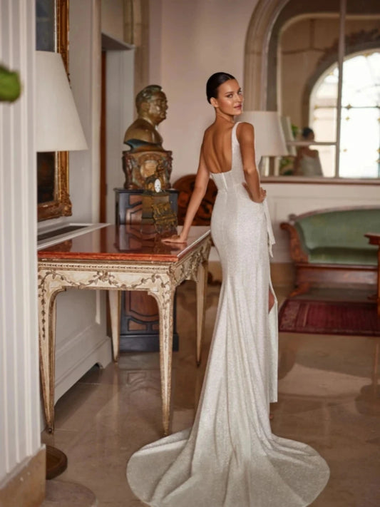 Sexy Wedding Dresses Simple Satin Bridal Gowns Side Slit Backless Elegant Robes Spaghetti Straps High Split Vestidos De Novia