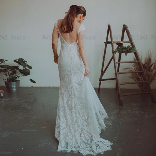 Klassische Brautkleider aus Spitze für die Braut mit Rundhalsausschnitt, Flügelärmeln, rückenfreies Brautkleid mit Schleppe und Meerjungfrau-Ausschnitt, Vestidos De Novia 2024
