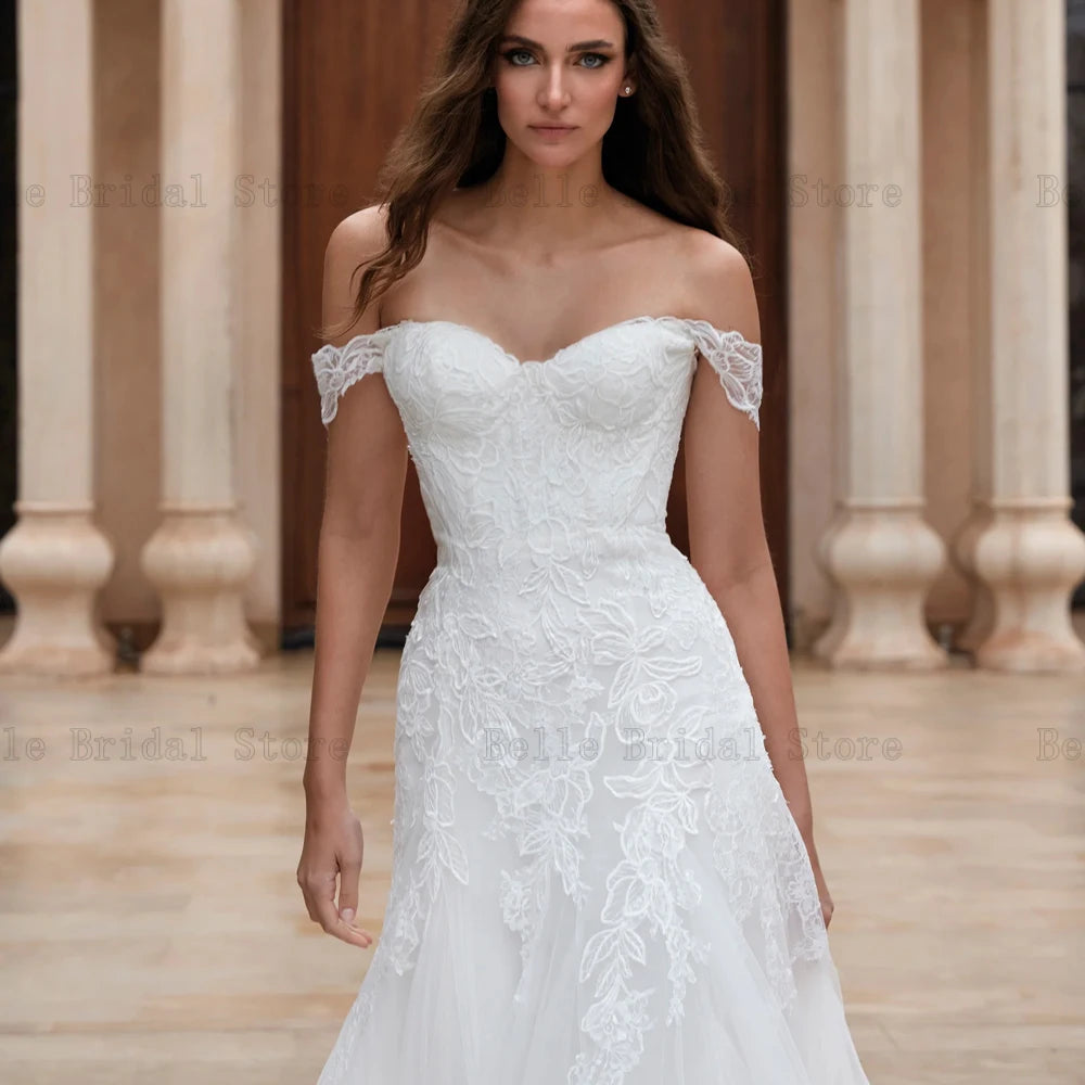 Classici abiti da sposa fuori spalla Abiti da sposa a cuore a cuore Appliques Lunghezza pavimento Tulle Mermaid Vestidos de noni 2024