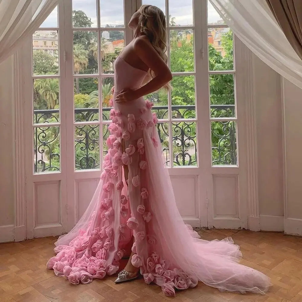 Vestidos de noite de flores rosa elegantes para mulheres casamentos ocasiões formais de fenda longa fenda