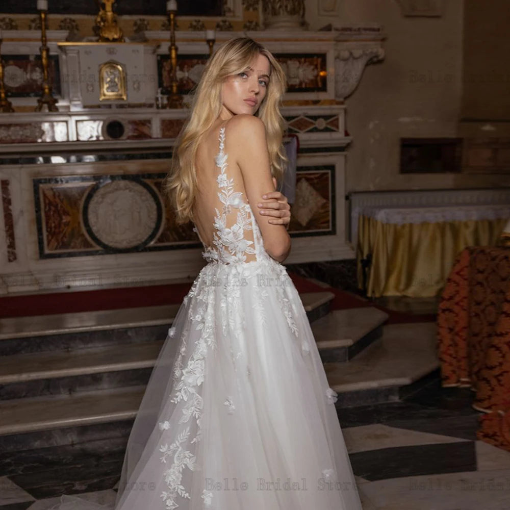 Eleganti abiti da sposa bianchi Abiti profondi a V Necks Bridals Growns Applique Lunghezza del pavimento a fessura alta A-Line Vestidos de novi 2023