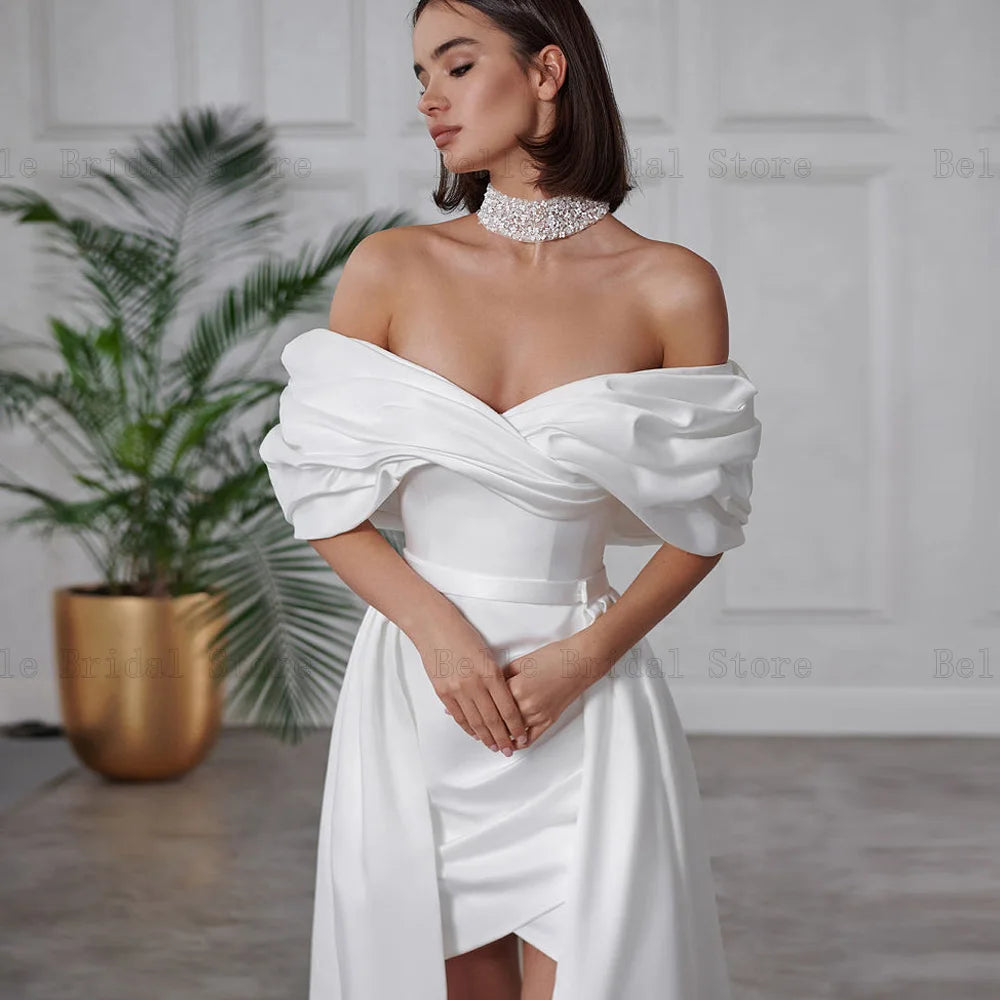 Elegant Off the Shoulder Short Wedding Dresses Sleeveless Mermaid Bridal Gowns Detachable Sweep Train Vestidos De Novia 2024