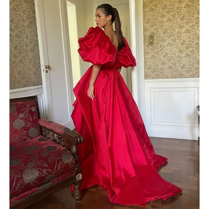 Sexy Red Taffeta Evening Dresses with Ruffles Hi-Lo V-Neck Prom Dress Asymmetrical Length Party Dresses for Women