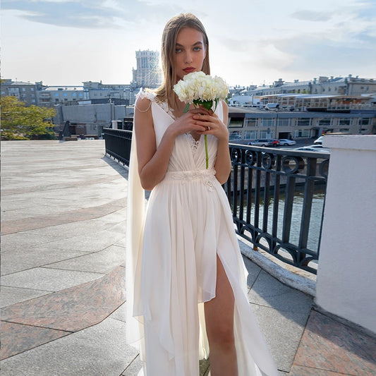 Simple Sleeveless A-Line Wedding Dresses for White V-Neck Bridal Growns with Front Split Vestidos De Novia Backless 2024