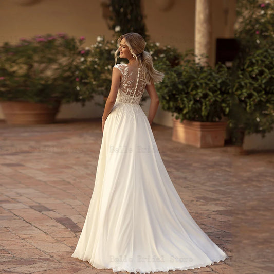 Classic Chiffon Wedding Dresses O Neck Cap Sleeves Bridal Gowns Appliques Sweep Train Front Slit A-Line свадебное платье 2024