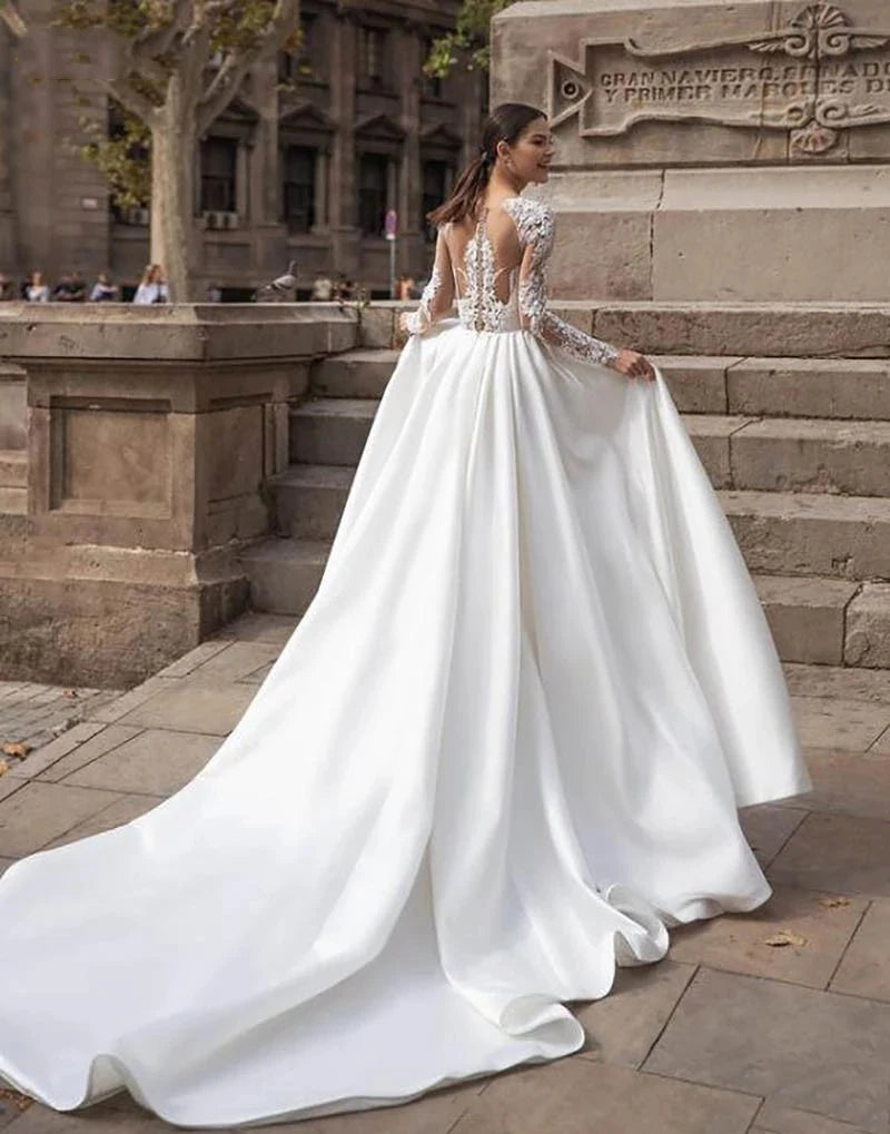 Elegantes vestidos de novia de satén con manga larga vestidos de novia Illusión Vestido de espalda cubierta de novia 2023 Fiesta de las mujeres simples