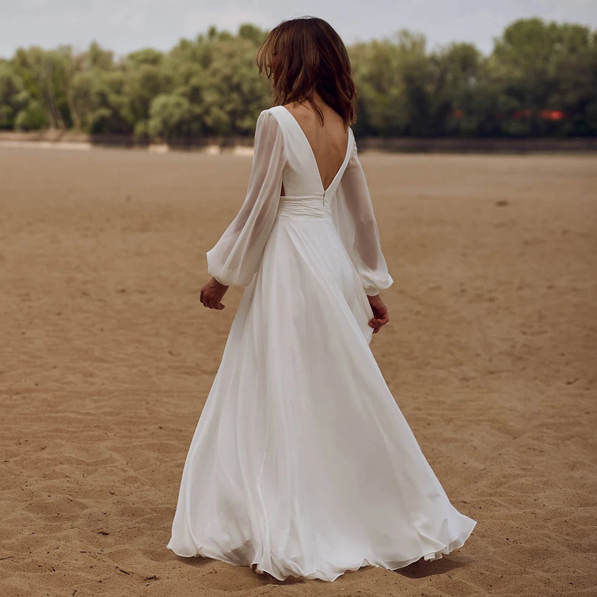 Vestido de novia de gasa máxima longitudes de piso largas mangas de obispo V cuello auto corbata faja sin espalda de pierna alta en v brote de novia de cuello de cuello