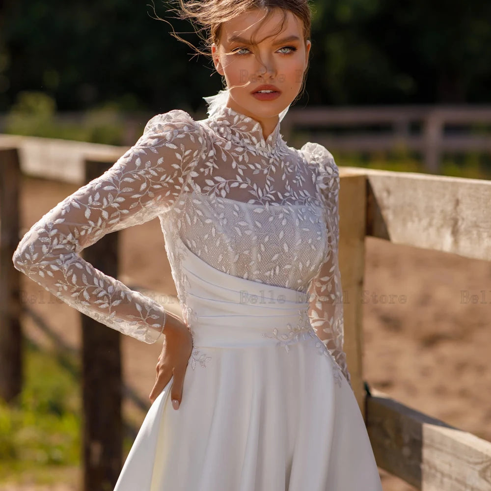 Eleganti abiti da sposa in raso maniche lunghe al collo alto abiti da sposa a-line appliques illusione illusione sweep treno vestidos de nolia