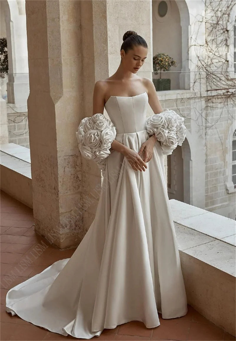 Wunderschöne formelle Brautkleider bodenlangen 3D Blumen Königin Kleid für Frauen lange Schleppe Luxus Schatz Robe De Mariée