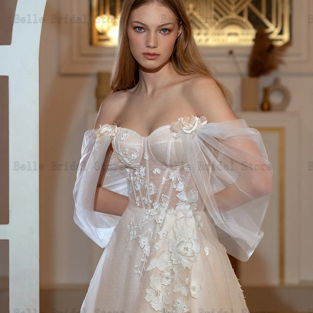 Eleganti abiti da sposa da spalla Abiti da sposa a cuore a cuore APPLICA SULLA SULLA SUPPIO TRENO A-LINE VESTODOS DE NEVIA