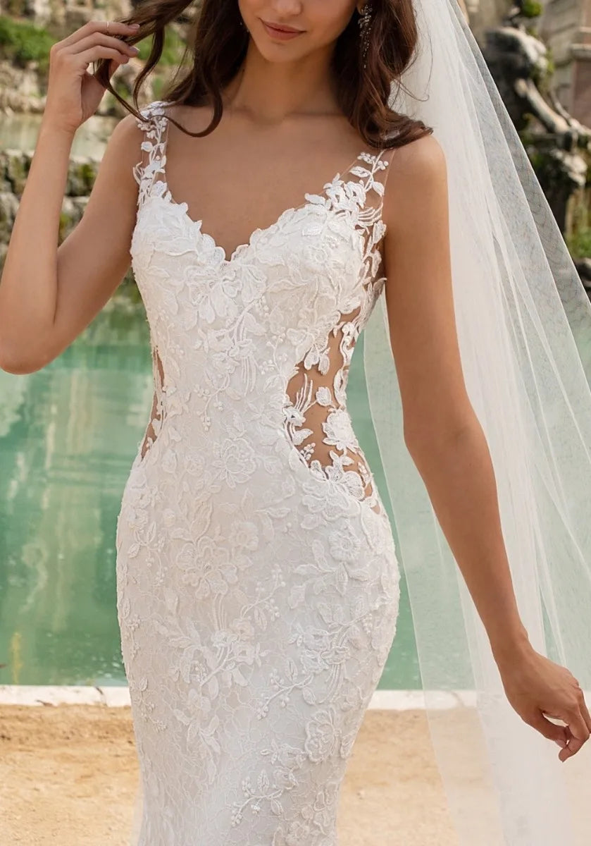 Elegante vestido de novia de cuello en V de encaje aplicado sin mangas sin espalda botón longitud longitudes de novia Vestidos de novia Court Train