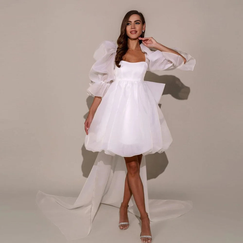 Eleganti abiti da sposa corti Abite per soffioni quadrati abiti da sposa con un grande fiocco a-line sopra il ginocchio mini ف 200 a