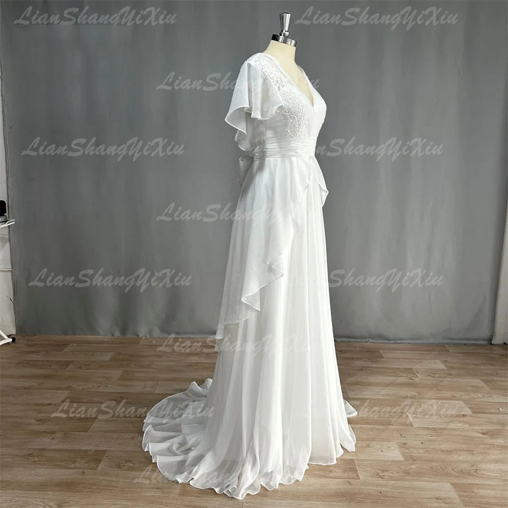 Boho V-Neck Wedding Dresses Chiffon A Line Short Sleeves Backless Floor Length Ruffles Beach Bridal Gowns Bohemian Simple Summer