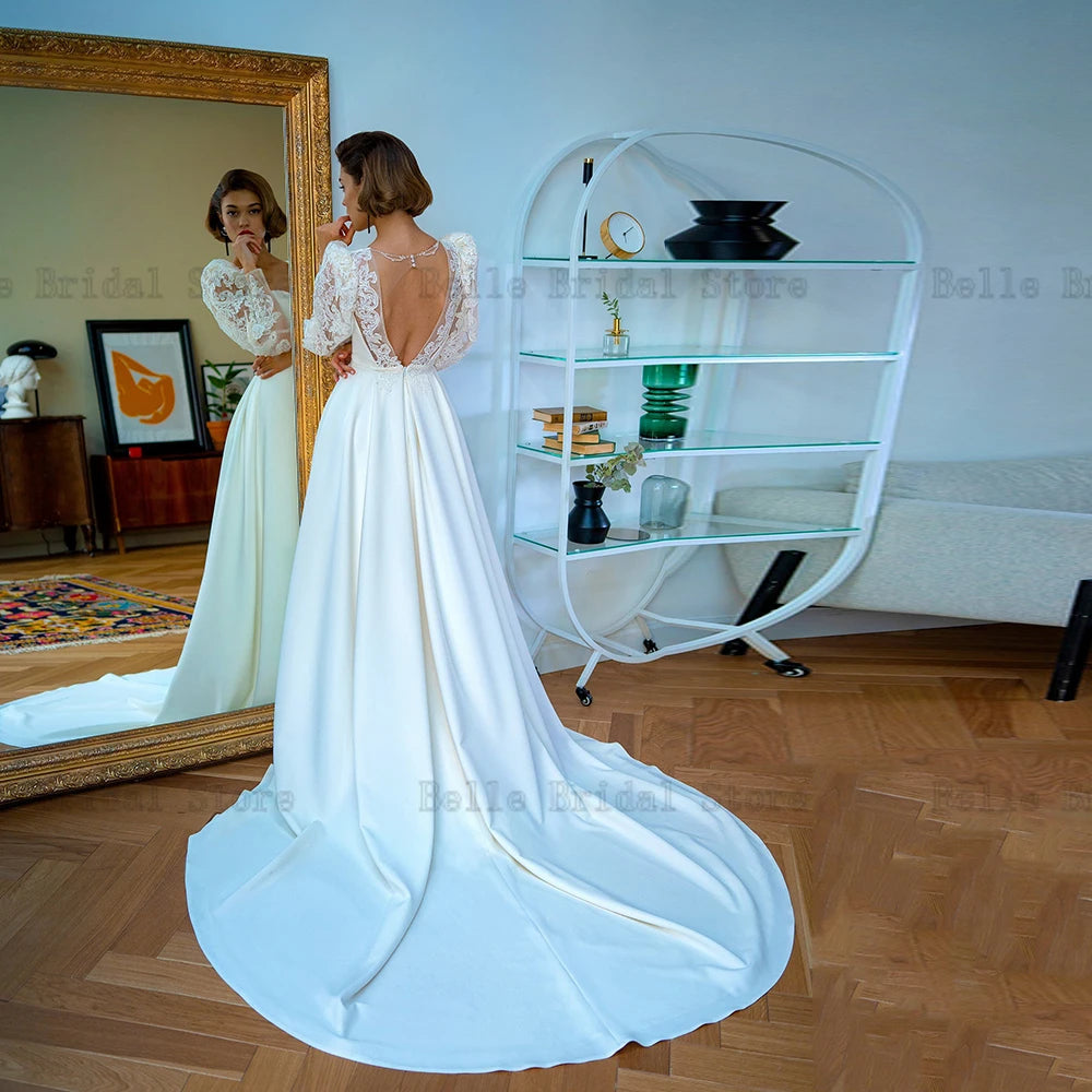 Elegante A-Linie Brautkleider Quadratischer Ausschnitt Lange Puffärmel Brautkleider Illusion Applikationen Rückenfrei Sweep Schleppe Robe De Mariee