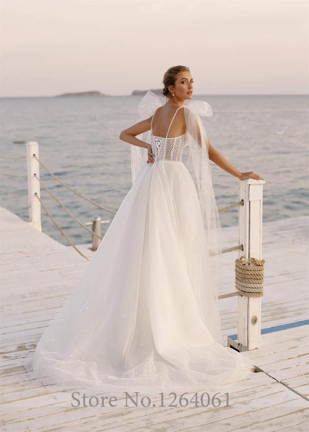 Abito da sposa lucido con paillettes piene di dolcezza per uccello spaghetti cinghia A-line Abito di birdallo abito da sposa