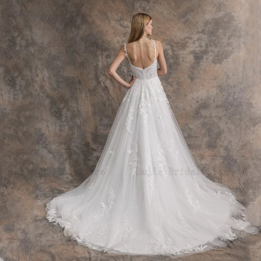 Exquisite Spaghetti Straps Wedding Dresses Square Neck Sleeveless Bridal Gowns Applique Floor Length A-Line Vestidos De Novia