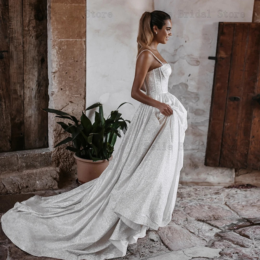 Abiti da sposa degli spaghetti glitter Abiti da sposa Abiti da sposa senza maniche da sposa con cerniera Accumi Lunghezza A-Line Vestidos de noni