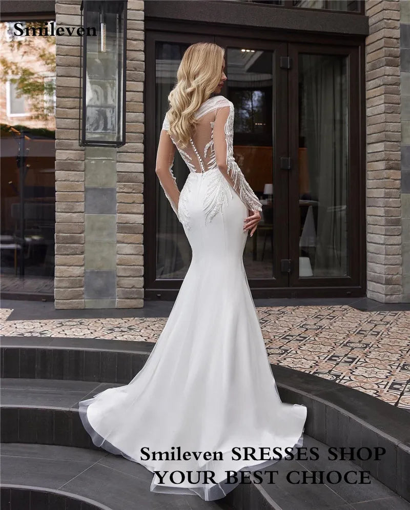 Smileven Spitze Meerjungfrau Hochzeit Kleider Langarm V-ausschnitt Falten Elegante Braut Kleid Hochzeit Kleider Backless 2023 Vestido De Noiva