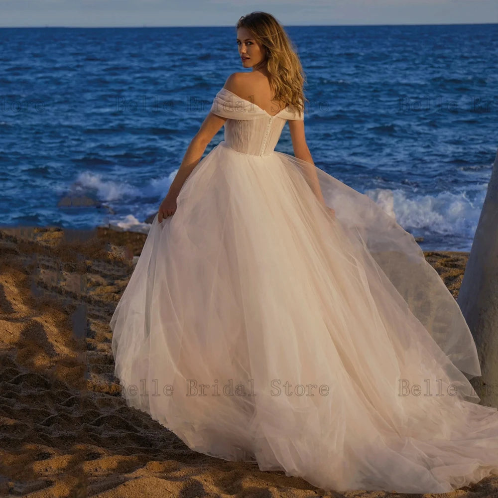 Vestidos de novia de tul de playa Cuello sin cariño vestidos de novia sin esplendor de la cremallera longitud del piso a la línea A-línea de novia