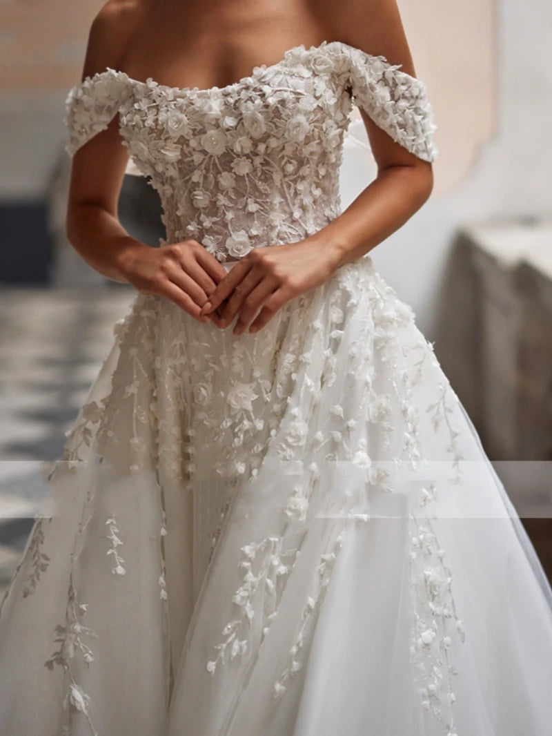 Elegant Wedding Dresses A-Line Tulle Bridal Gowns Lace Appliques Off The Shoulder Robes Floor Length Vintage Vestidos De Novia