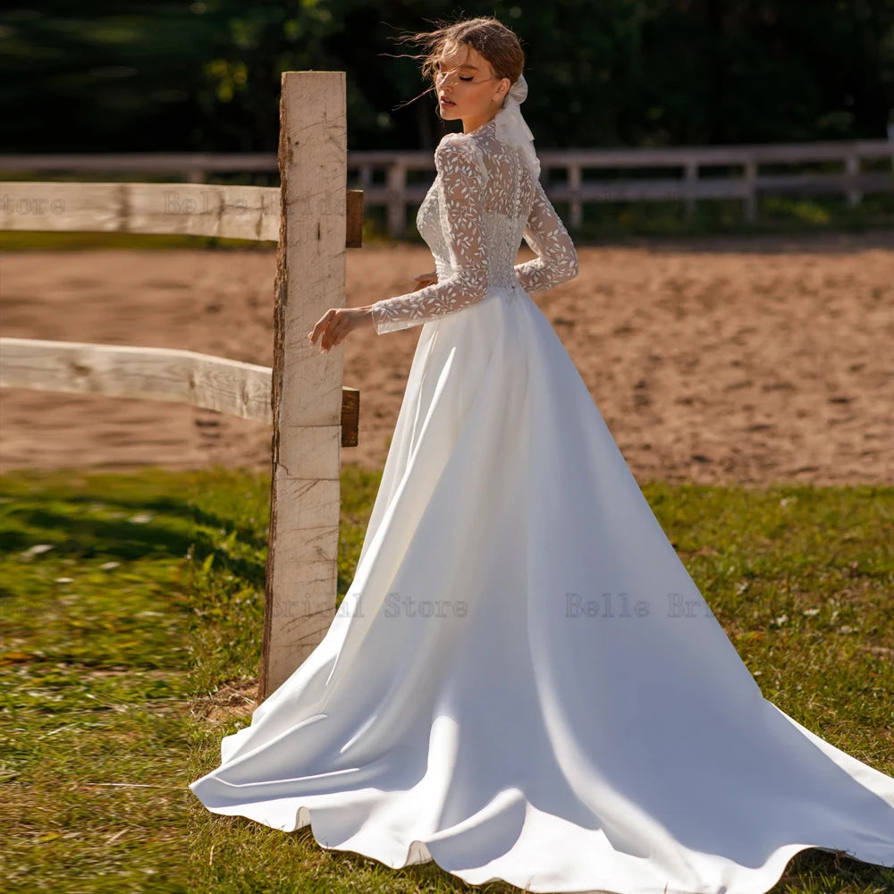 Eleganti abiti da sposa in raso maniche lunghe al collo alto abiti da sposa a-line appliques illusione illusione sweep treno vestidos de nolia