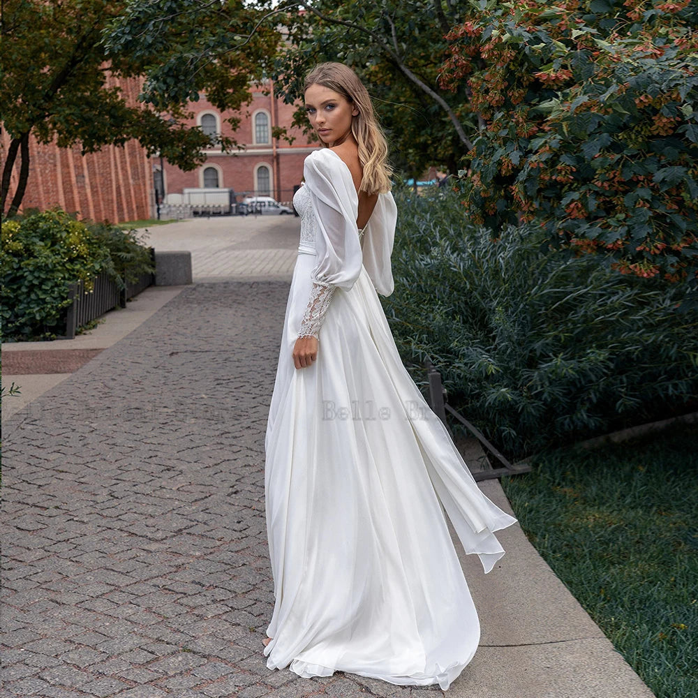 Elegant Chiffon Wedding Dresses Sweetheart Neck Puff Sleeves Bridal Gowns Lace Back Lace up Sweep Train A-line Robe De Mariee