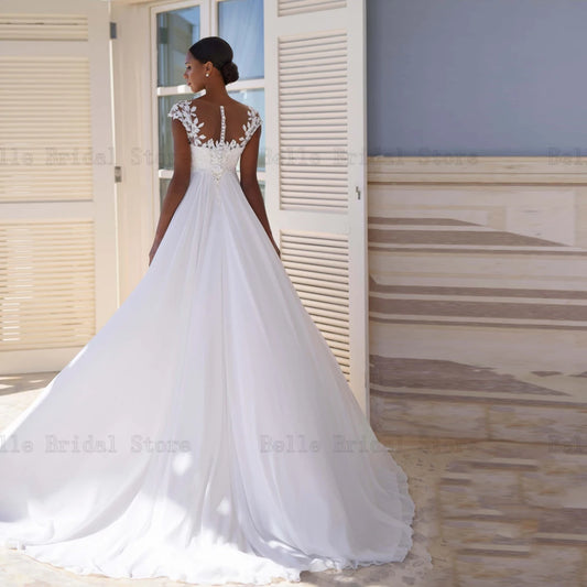 Classic Chiffon Wedding Dresses for Bride O Neck Cap Sleeves Bridal Growns Appliques Floor Length A-Line Vestidos De Novia 2024