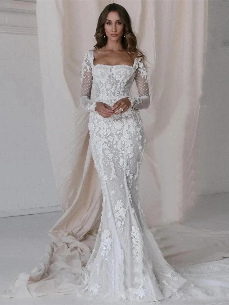 Graceful Wedding Dresses With Detachable Train Square Collar Mermaid Lace Appliques Full Sleeves Vintage Robes Vestidos De Novia