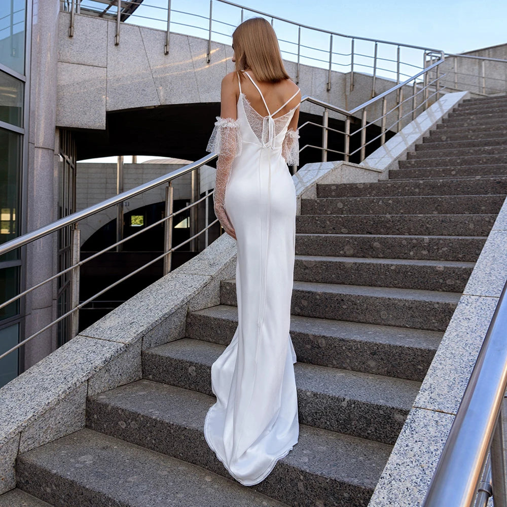 Elegant Long Sleeves Wedding Dresses for Women White Spaghetti Strap Bridal Growns with Net Leeves Vestidos De Novia Backless