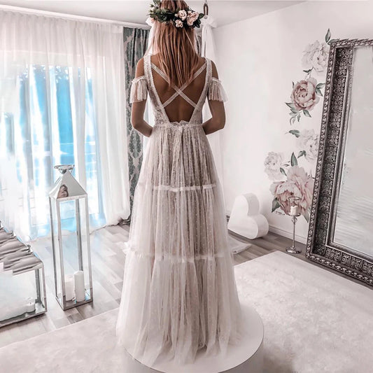Bohemian Dotted Tulle CrissCross Beach Bridal Gown Custom Made Spaghetti Straps Backless Boho Lace Destination Wedding Dress