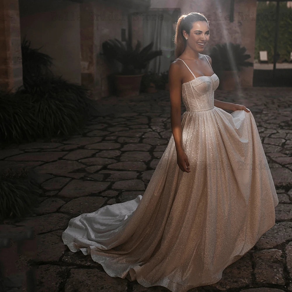 Abiti da sposa degli spaghetti glitter Abiti da sposa Abiti da sposa senza maniche da sposa con cerniera Accumi Lunghezza A-Line Vestidos de noni