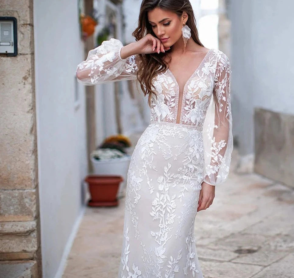 Luxury Backless Tulle Mermaid Wedding Dresses 2024 Long Sleeve Lace Appliques V-neck White Bridal Gown vestidos de novia