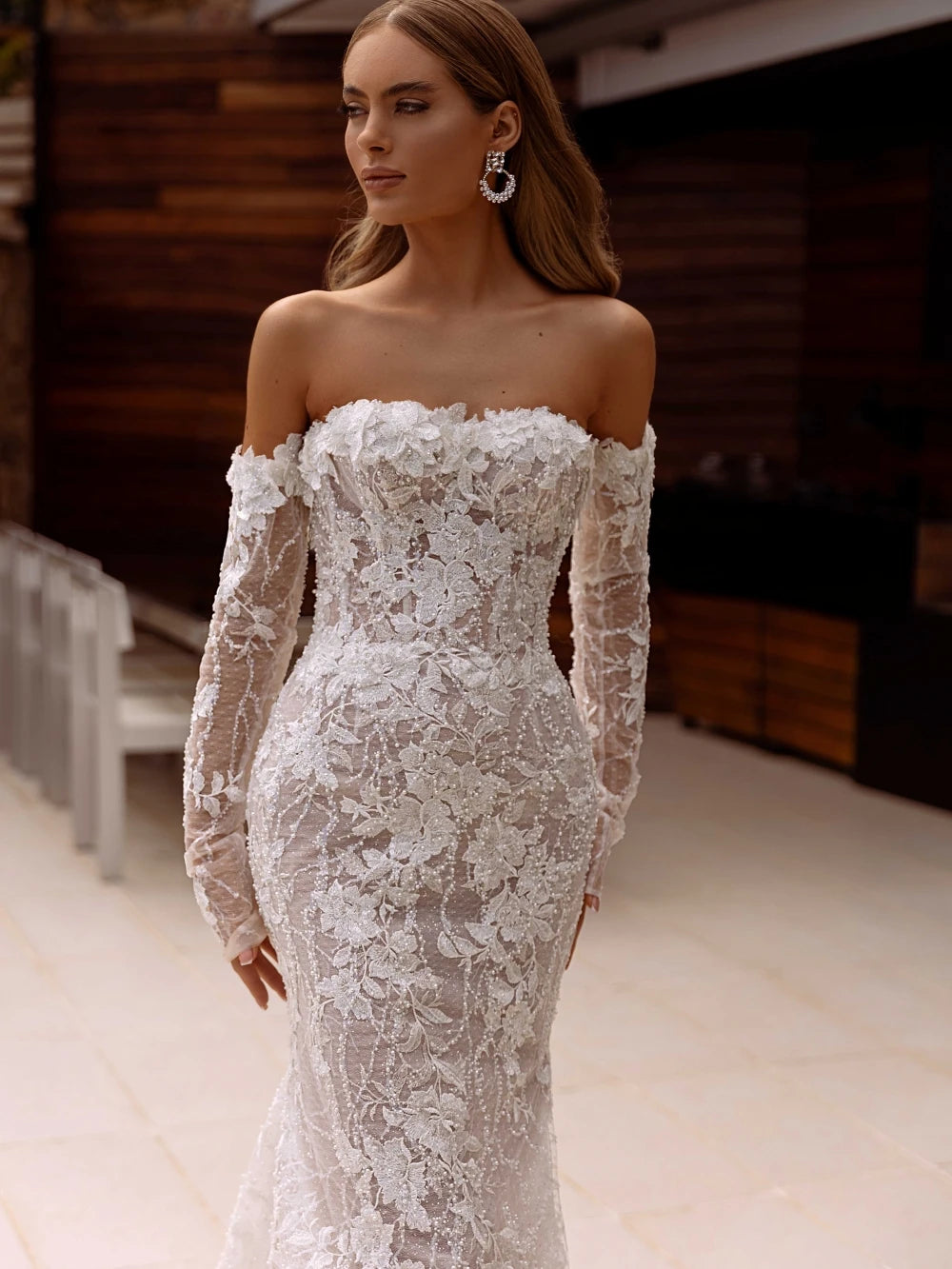 Elegante vestido de novia fuera del hombro Applicly Applices Pearls Vestido de novia Mermaid Long Bride Robe Vestidos de Novia