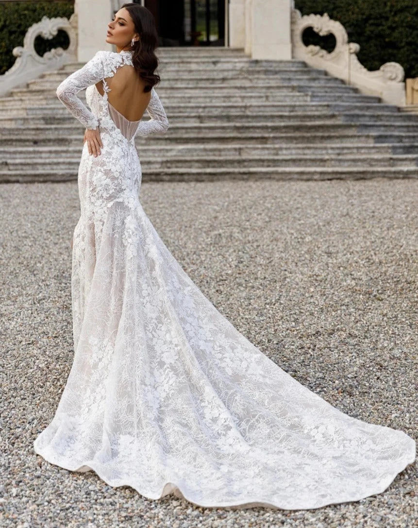 Romantische hohe Nacken offener Mermaid Brautkleider Langarm Applikationen Spitze Hochspalten Brautkleider Robe de Mariée