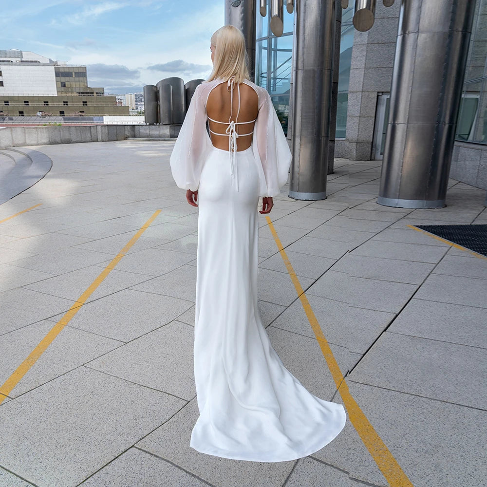 Simple Long Sleeves Strapless Wedding Dresses for Women White O-Neck Bridal Growns with Floor-Length Vestidos De Novia Backless