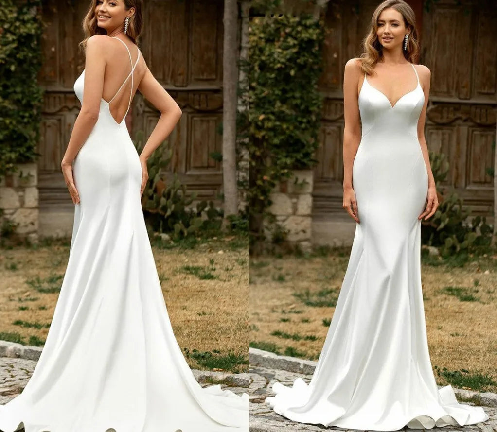 Sexy Meerjungfrau Hochzeitskleid 2023 EGNAT Rückenlose Gurte Satin Beach Braut Kleider Vestido Casamento Robe de Mariee