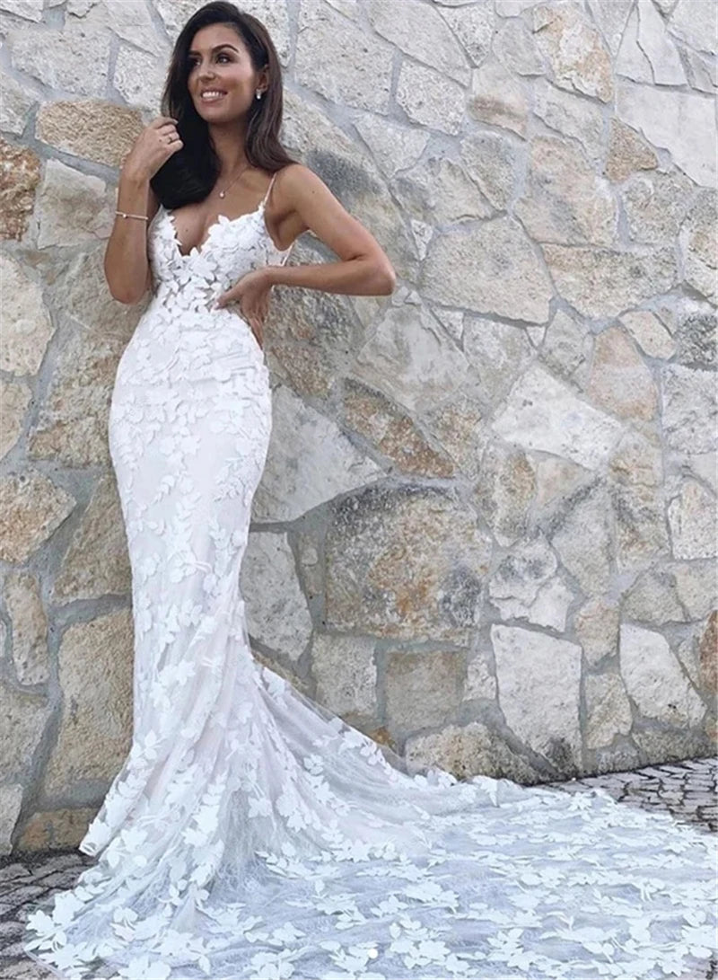 Boho Lace Appliques Wedding Dress Mermaid Bridal Dresses 2024 Spaghetti Straps Backless Beach Bridal Gowns Vestido De Noiva