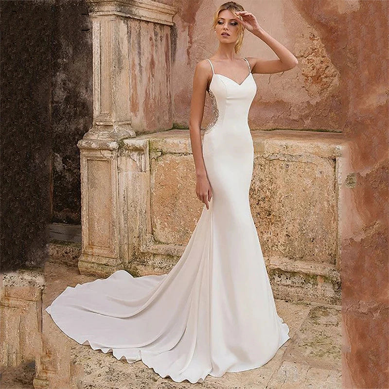 Semplice abito da sposa sirena 2024 Appliques in pizzo spaghetti Appliques sexy Abiti da sposa senza schienale a V Vestitido De novia