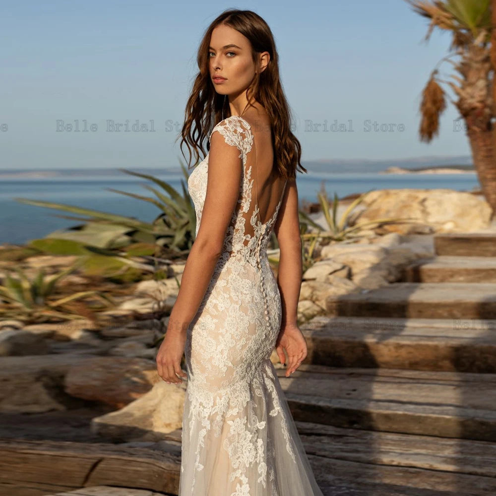 Vestidos de noiva clássicos de sereia para noiva V de pescoço sem mangas de noiva Apliques Sweep tulle vestidos de novia 2023