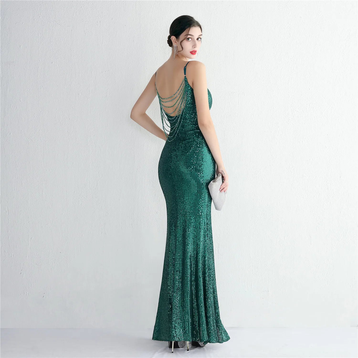 Women Backless Green Sequin Dress Strap Beading Party Maxi Dress Sexy Slit Evening Dress Long Prom Dress