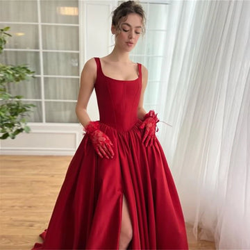 Rote ärmellose Satin-Abendkleider mit Schlitz, quadratischem Ausschnitt, A-Linie, Brautkleider, formelles Ballkleid, bodenlanges Kleid für Hochzeitsgäste