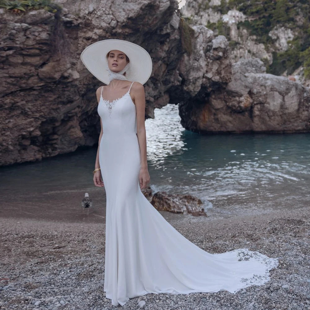 Abiti da sposa della sirena bianca semplice v NERCO spaghetti cinghie da sposa allevano appliques sweepless treno свадебное identi